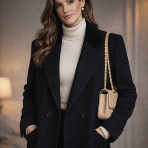 Kristen Blake Coat Womens Black Long Merino Wool 10 Old Money Warm Velvet Collar